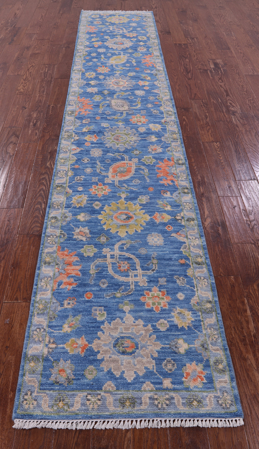 Blue Turkish Oushak Hand Knotted Wool Runner Rug - 2' 6" X 12' 11" - Golden Nile