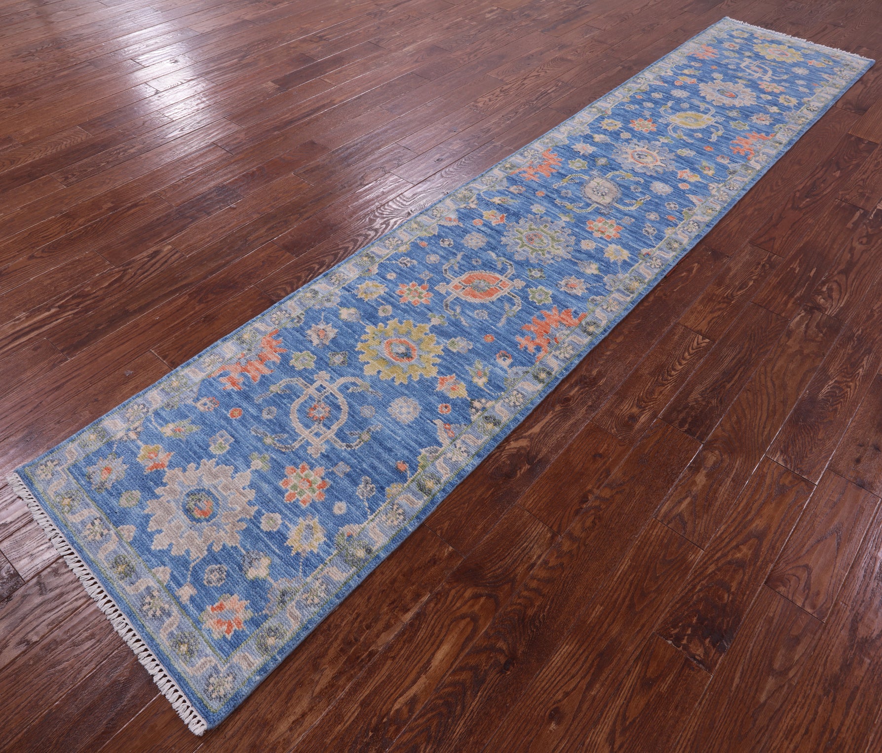 Blue Turkish Oushak Hand Knotted Wool Runner Rug - 2' 6" X 12' 11" - Golden Nile