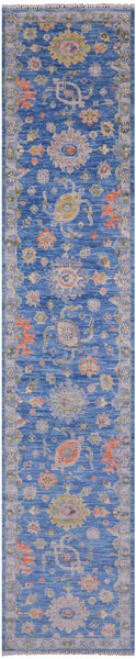 Blue Turkish Oushak Hand Knotted Wool Runner Rug - 2' 6" X 12' 11" - Golden Nile