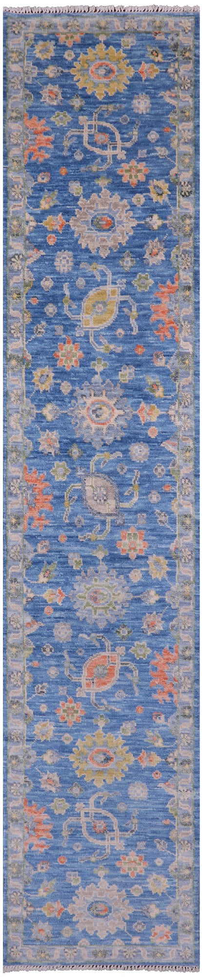 Blue Turkish Oushak Hand Knotted Wool Runner Rug - 2' 6" X 12' 11" - Golden Nile