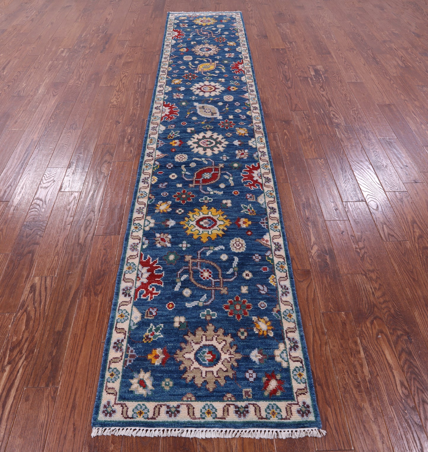 Blue Turkish Oushak Handmade Wool Runner Rug - 2' 7" X 12' 9" - Golden Nile