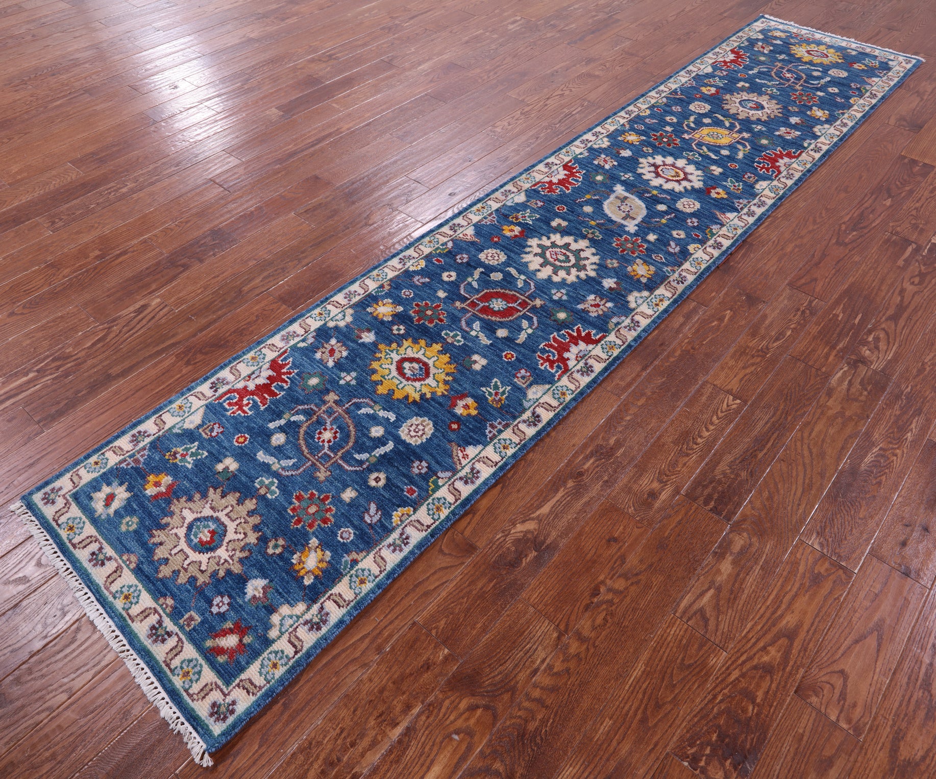 Blue Turkish Oushak Handmade Wool Runner Rug - 2' 7" X 12' 9" - Golden Nile