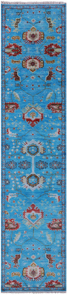 Blue Turkish Oushak Hand Knotted Wool Runner Rug - 2' 8" X 12' 0" - Golden Nile