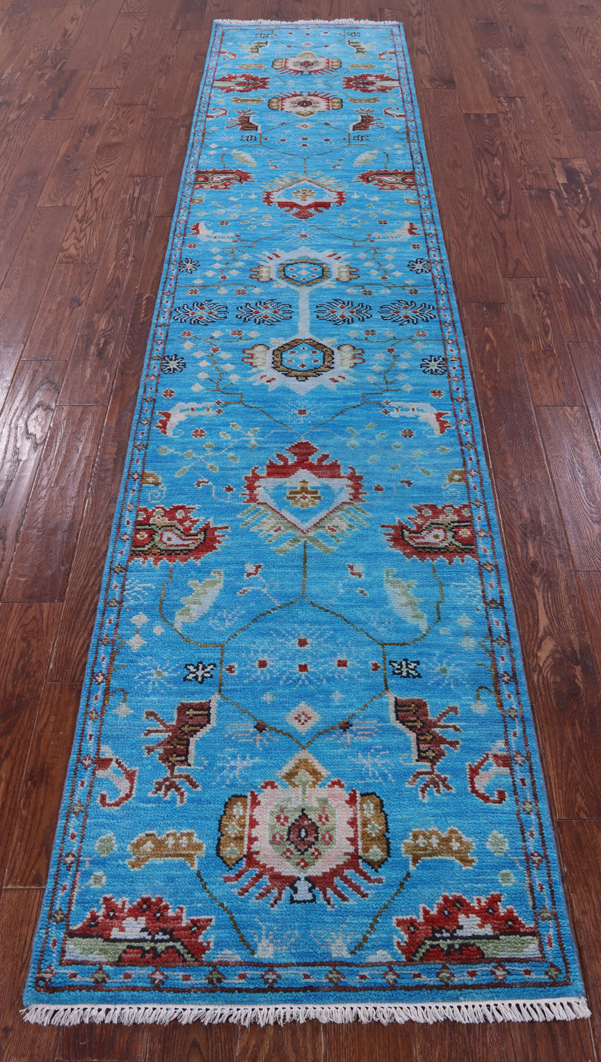 Blue Turkish Oushak Hand Knotted Wool Runner Rug - 2' 8" X 12' 0" - Golden Nile