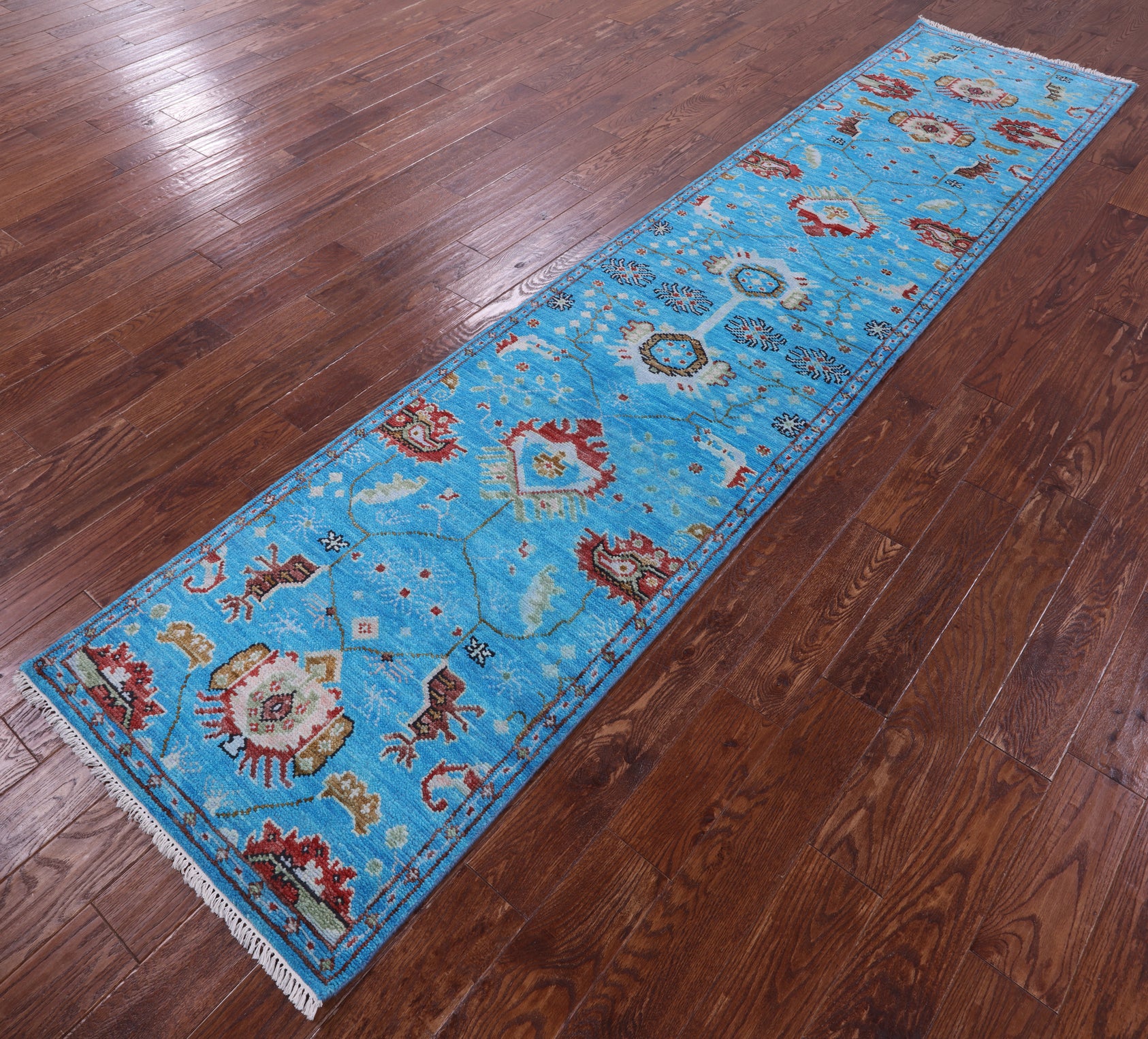 Blue Turkish Oushak Hand Knotted Wool Runner Rug - 2' 8" X 12' 0" - Golden Nile