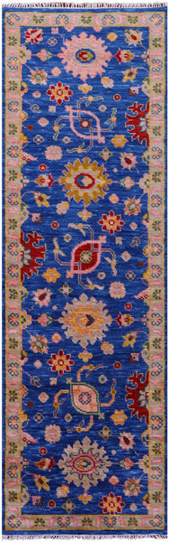 Blue Turkish Oushak Hand Knotted Wool Runner Rug - 2' 7" X 8' 4" - Golden Nile