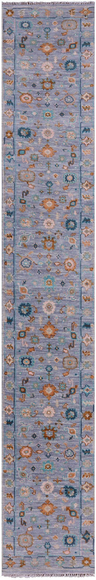 Blue Turkish Oushak Hand Knotted Wool Runner Rug - 2' 7" X 15' 11" - Golden Nile