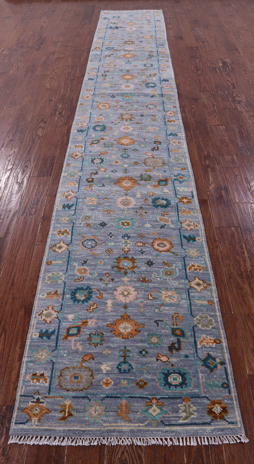 Blue Turkish Oushak Hand Knotted Wool Runner Rug - 2' 7" X 15' 11" - Golden Nile