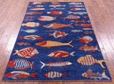 Blue Fish Design Persian Gabbeh Hand Knotted Wool Rug - 4' 1" X 6' 1" - Golden Nile