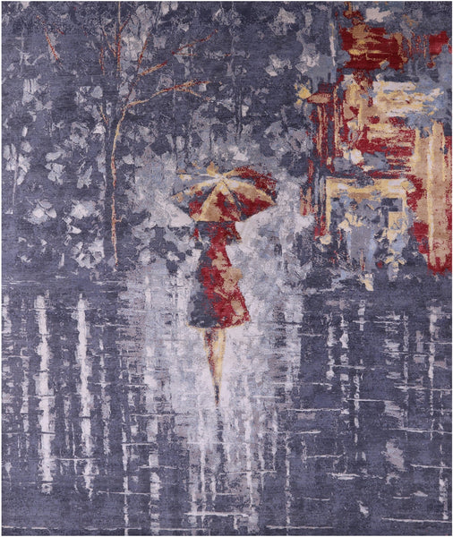Woman Under The Rain Contemporary Hand Knotted Wool & Silk Rug - 12' 0" X 14' 3" - Golden Nile