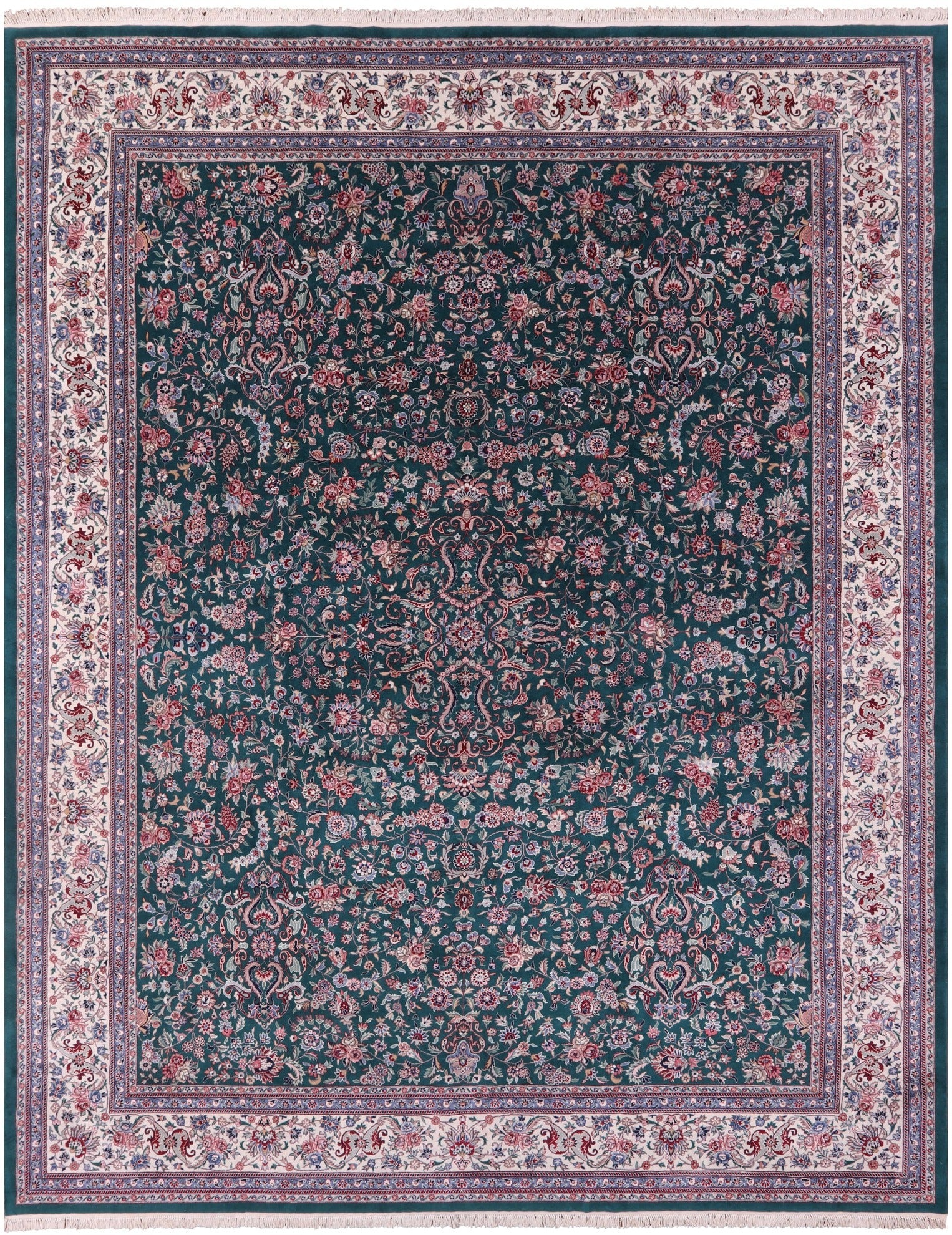 Green Fine Persian Kashan Hand Knotted Wool & Silk Rug - 11' 7" X 15' 0" - Golden Nile