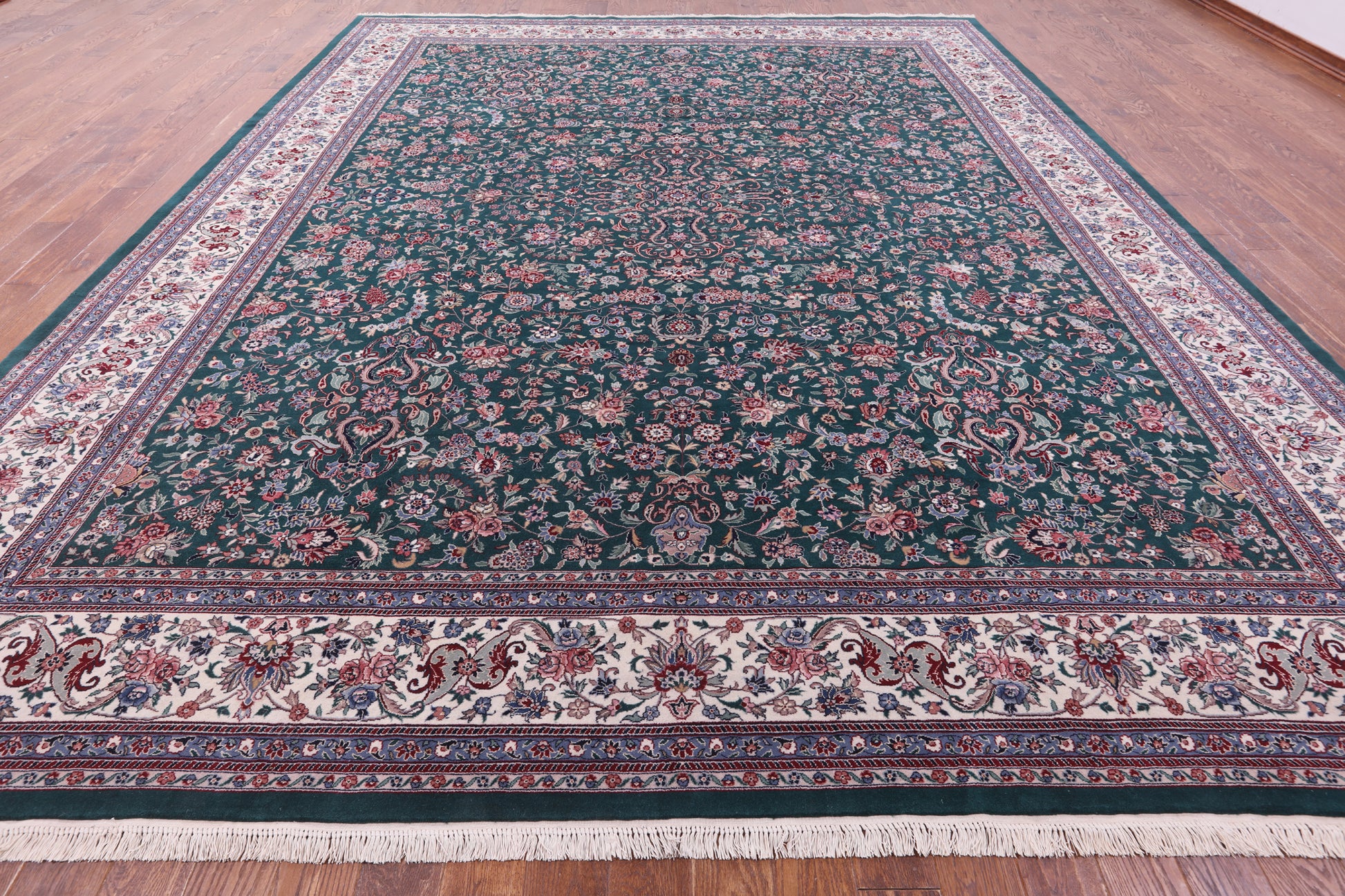 Green Fine Persian Kashan Hand Knotted Wool & Silk Rug - 11' 7" X 15' 0" - Golden Nile