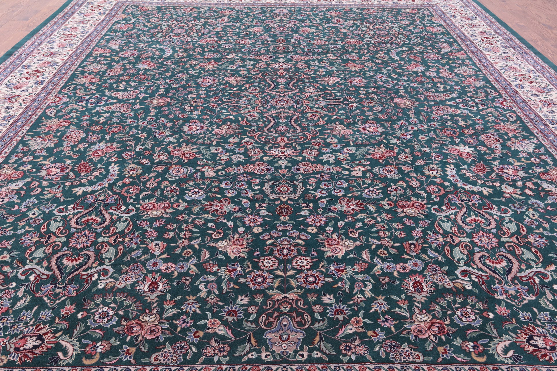 Green Fine Persian Kashan Hand Knotted Wool & Silk Rug - 11' 7" X 15' 0" - Golden Nile