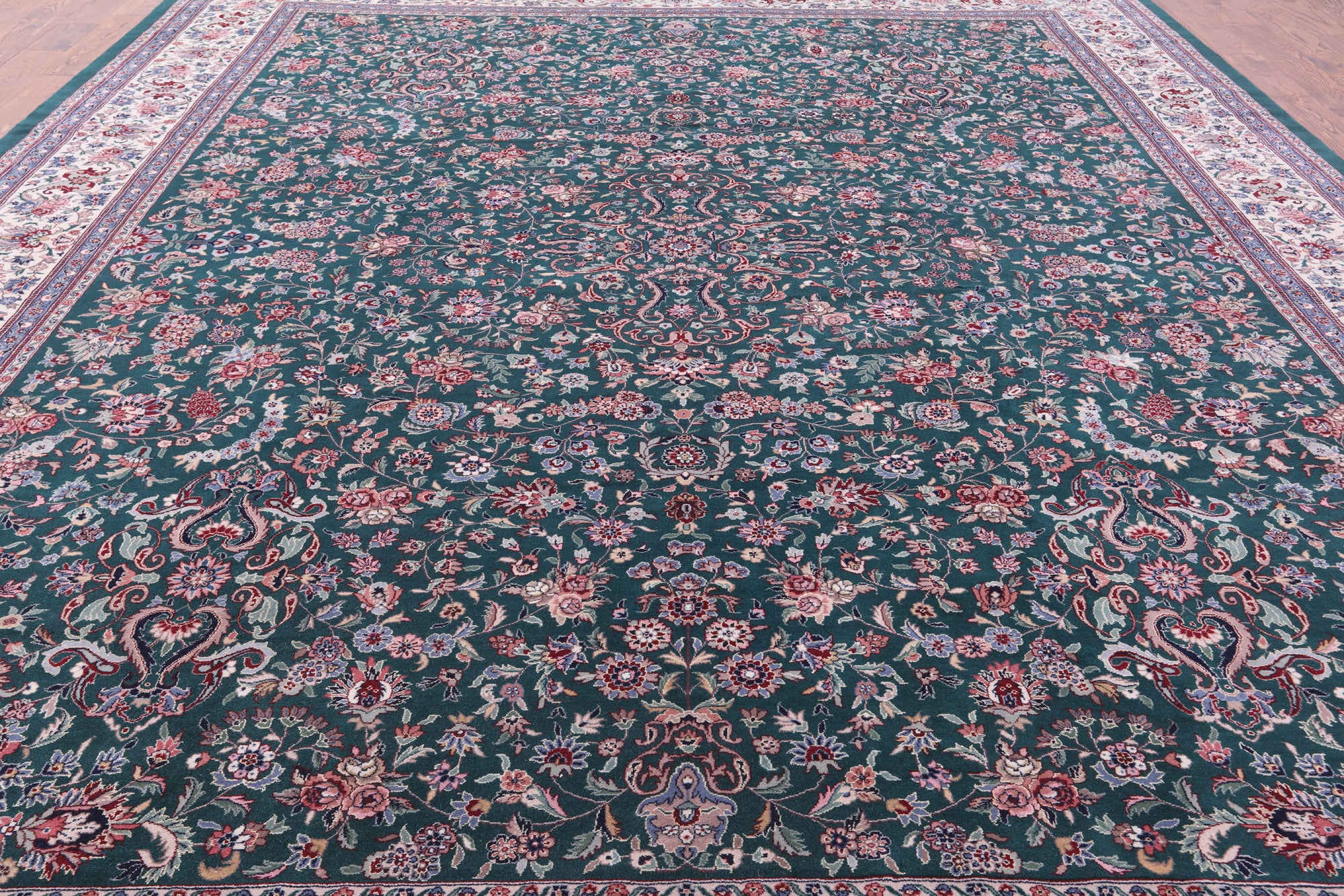 Green Fine Persian Kashan Hand Knotted Wool & Silk Rug - 11' 7" X 15' 0" - Golden Nile