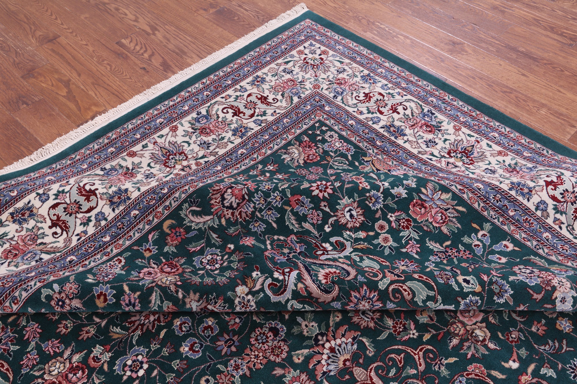 Green Fine Persian Kashan Hand Knotted Wool & Silk Rug - 11' 7" X 15' 0" - Golden Nile