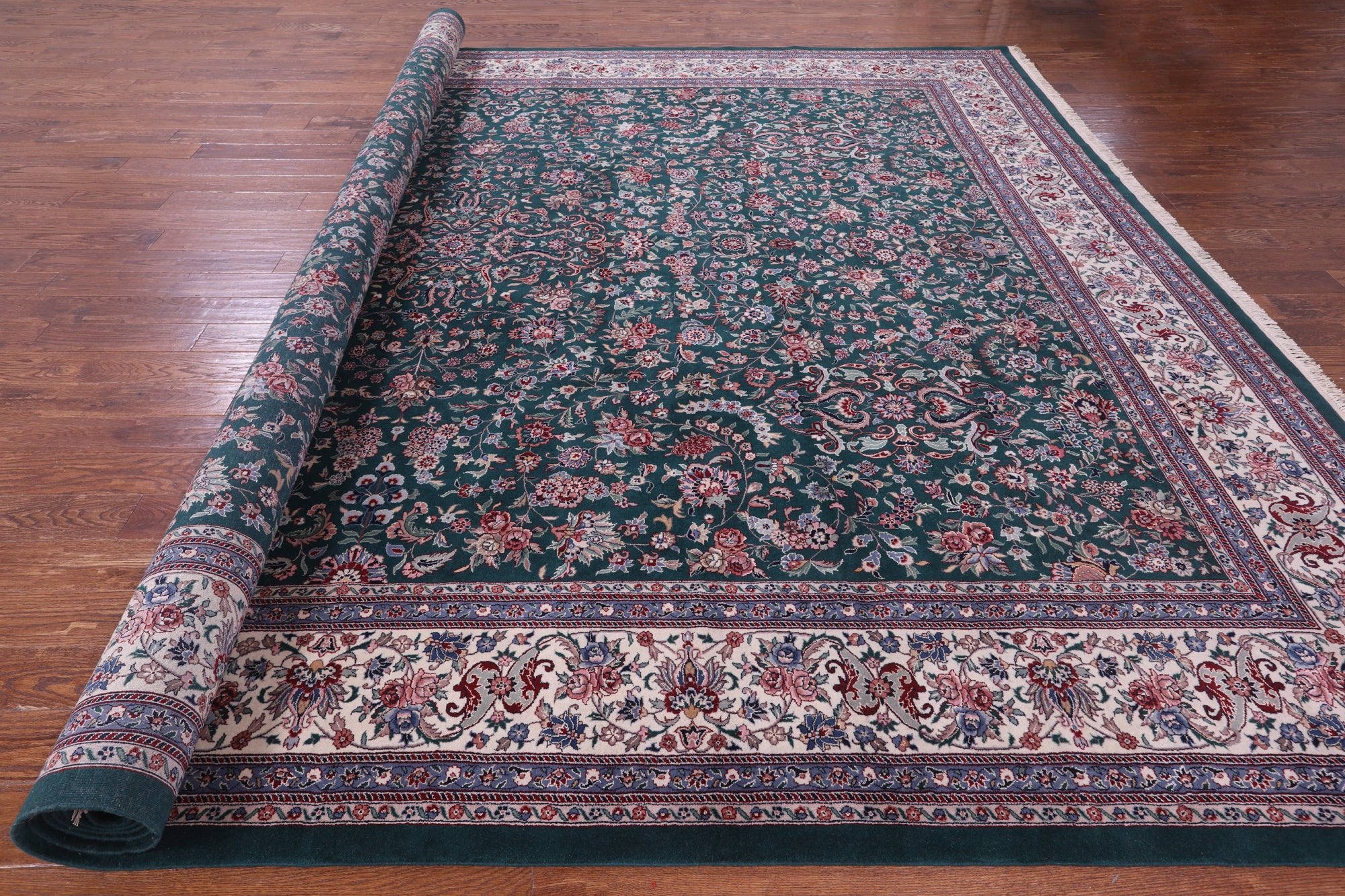Green Fine Persian Kashan Hand Knotted Wool & Silk Rug - 11' 7" X 15' 0" - Golden Nile