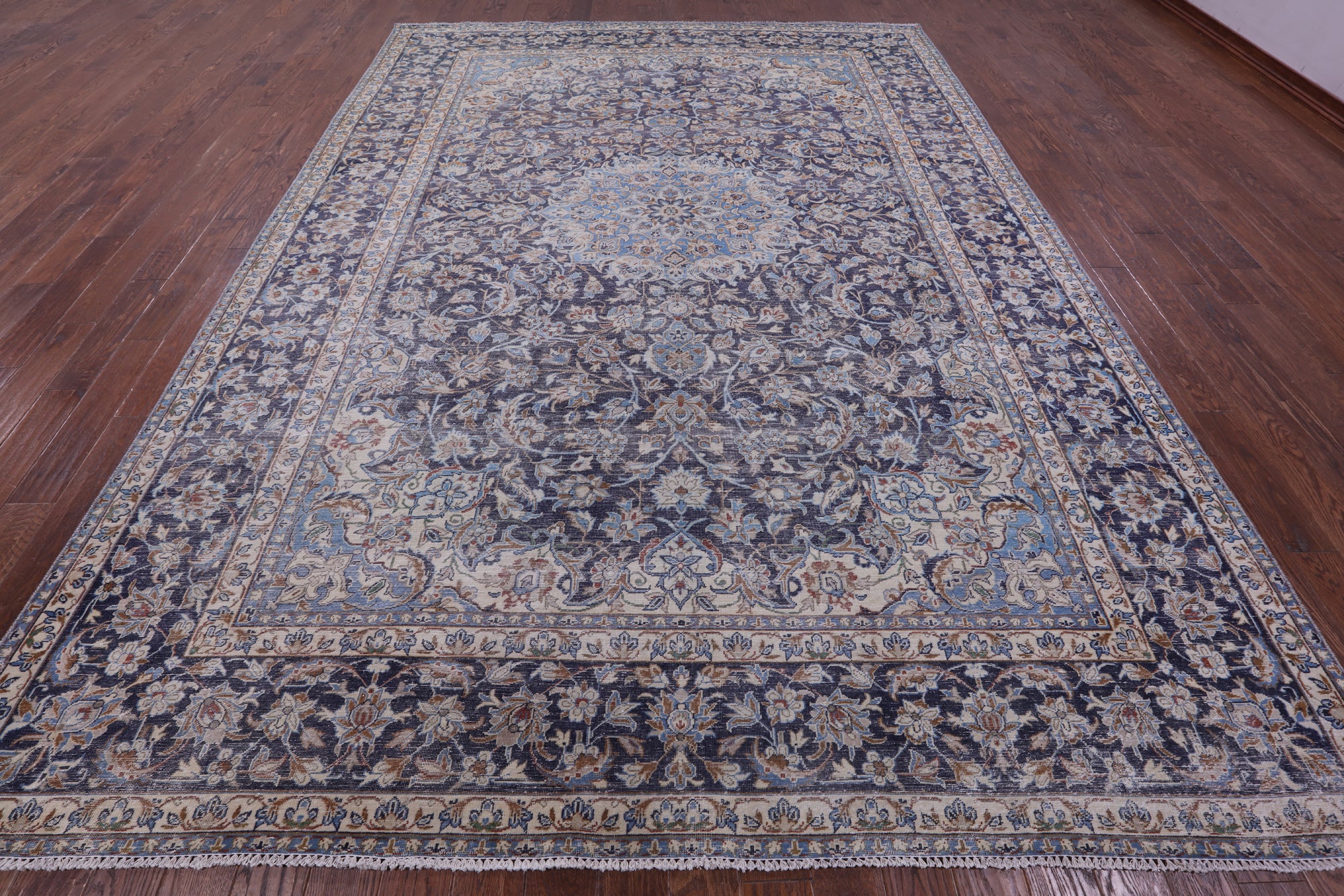 Blue Persian Vintage White Wash Hand Knotted Wool Rug - 9' 9" X 13' 3" - Golden Nile