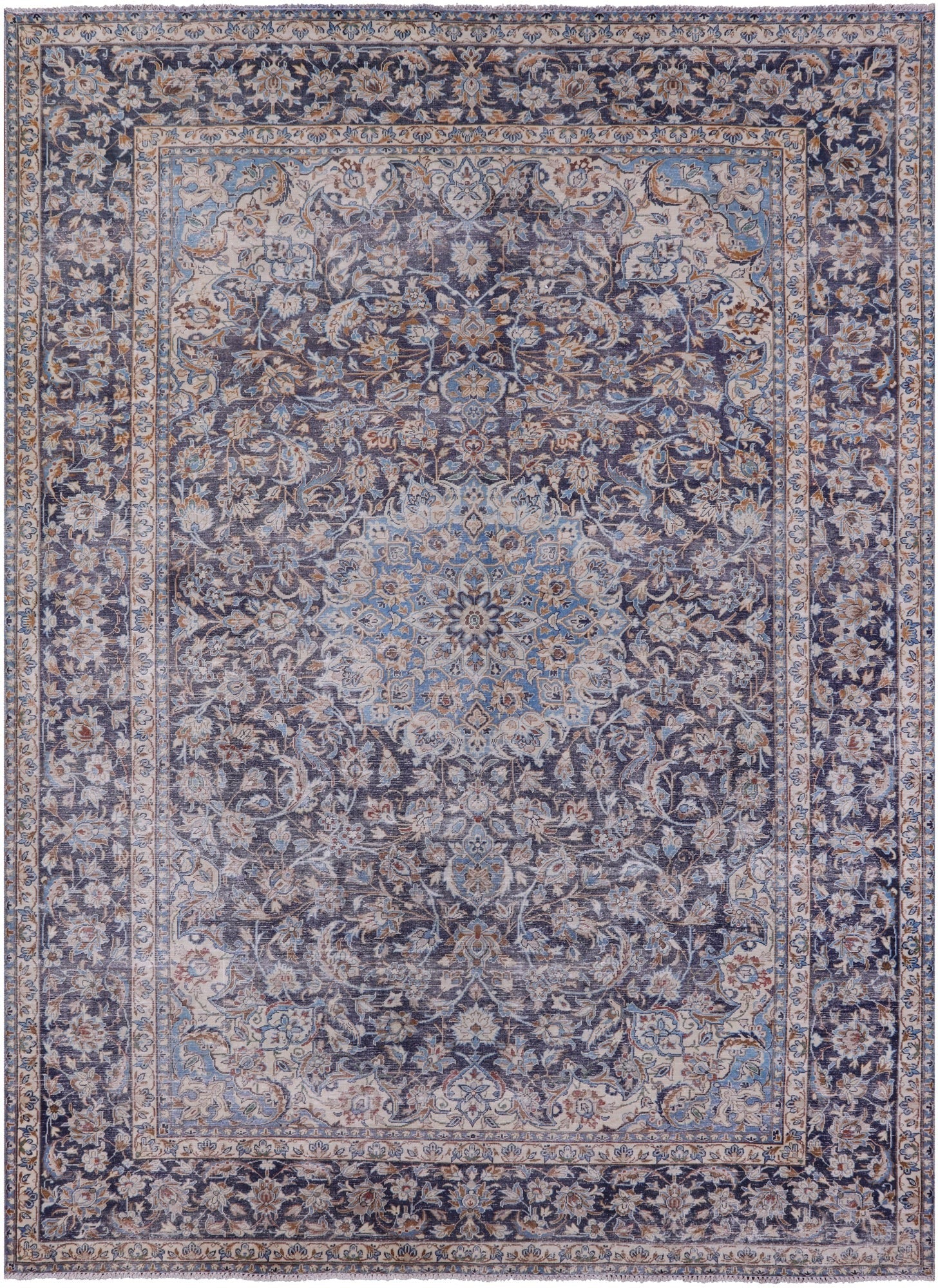Blue Persian Vintage White Wash Hand Knotted Wool Rug - 9' 9" X 13' 3" - Golden Nile