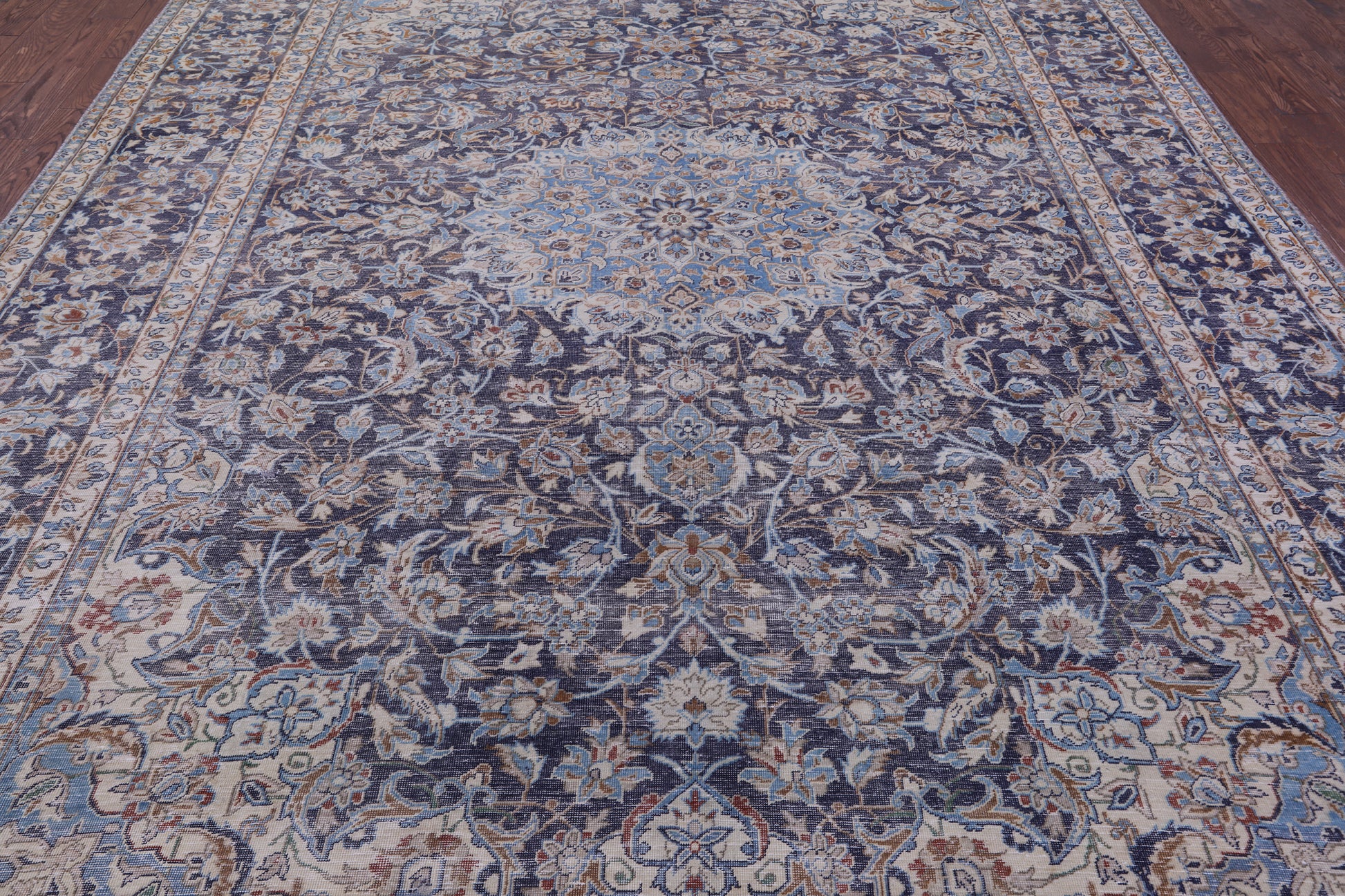 Blue Persian Vintage White Wash Hand Knotted Wool Rug - 9' 9" X 13' 3" - Golden Nile