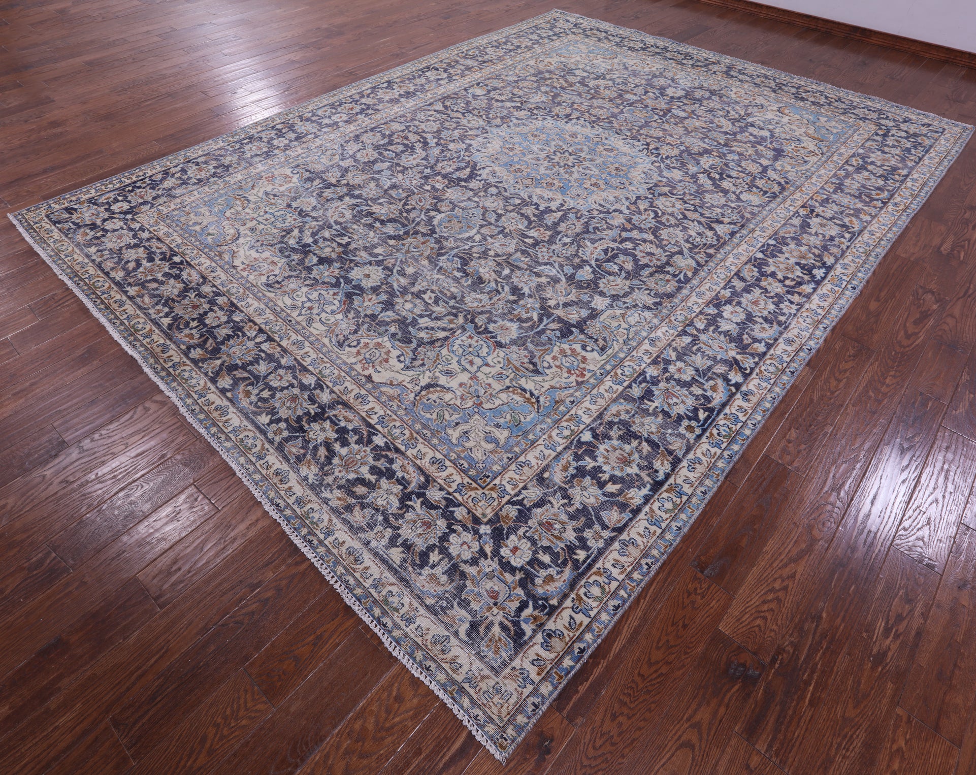 Blue Persian Vintage White Wash Hand Knotted Wool Rug - 9' 9" X 13' 3" - Golden Nile