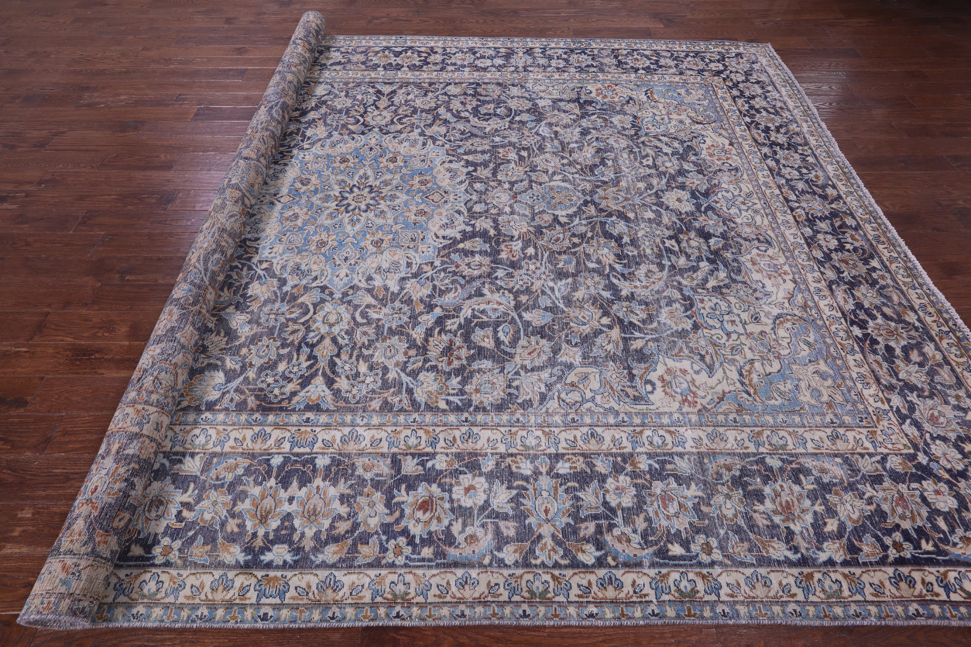 Blue Persian Vintage White Wash Hand Knotted Wool Rug - 9' 9" X 13' 3" - Golden Nile