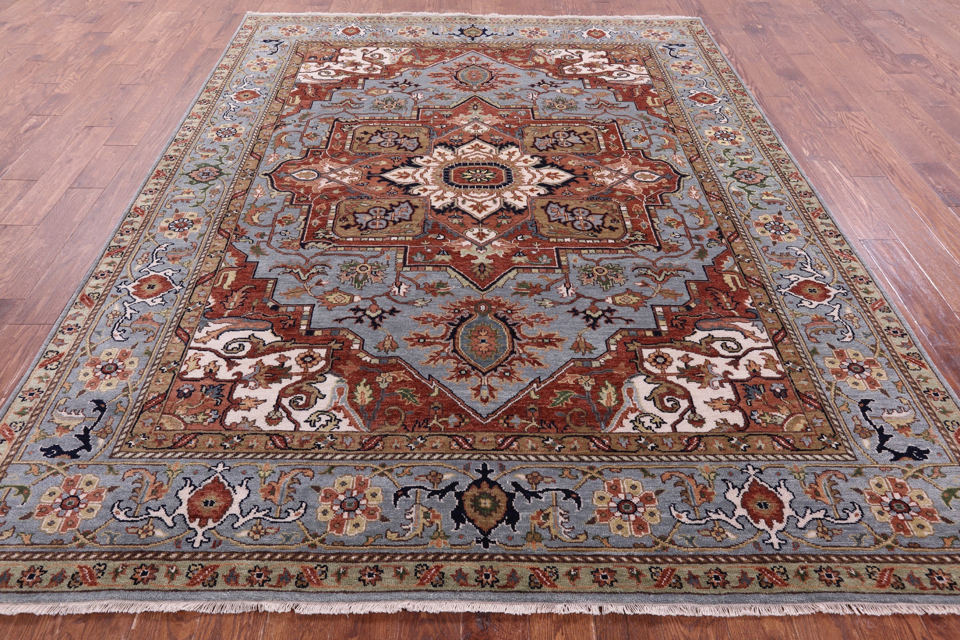 Blue Heriz Serapi Hand Knotted Wool Rug - 7' 11" X 9' 10" - Golden Nile
