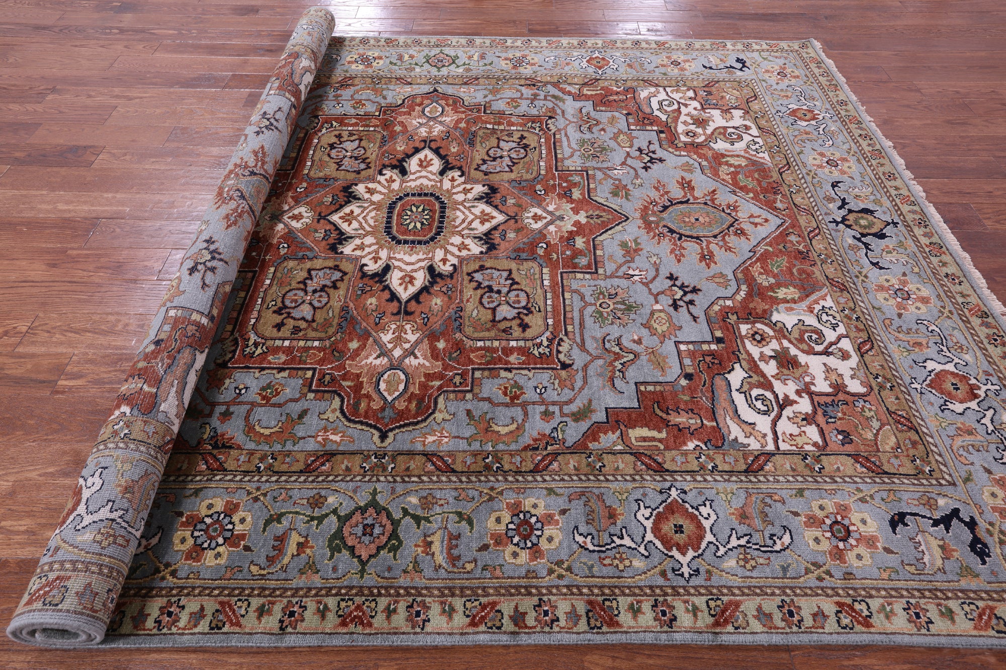 Blue Heriz Serapi Hand Knotted Wool Rug - 7' 11" X 9' 10" - Golden Nile