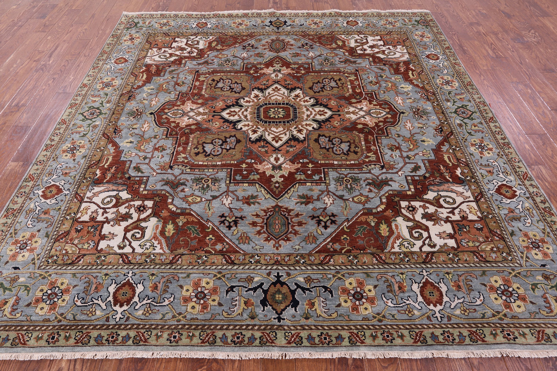 Blue Square Heriz Serapi Hand Knotted Wool Rug - 8' 10" X 8' 11" - Golden Nile