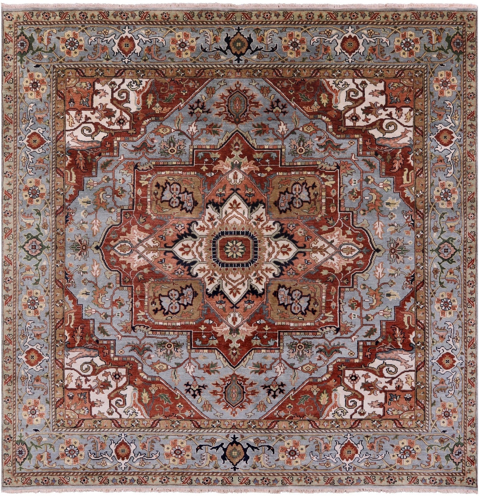 Blue Square Heriz Serapi Hand Knotted Wool Rug - 8' 10" X 8' 11" - Golden Nile