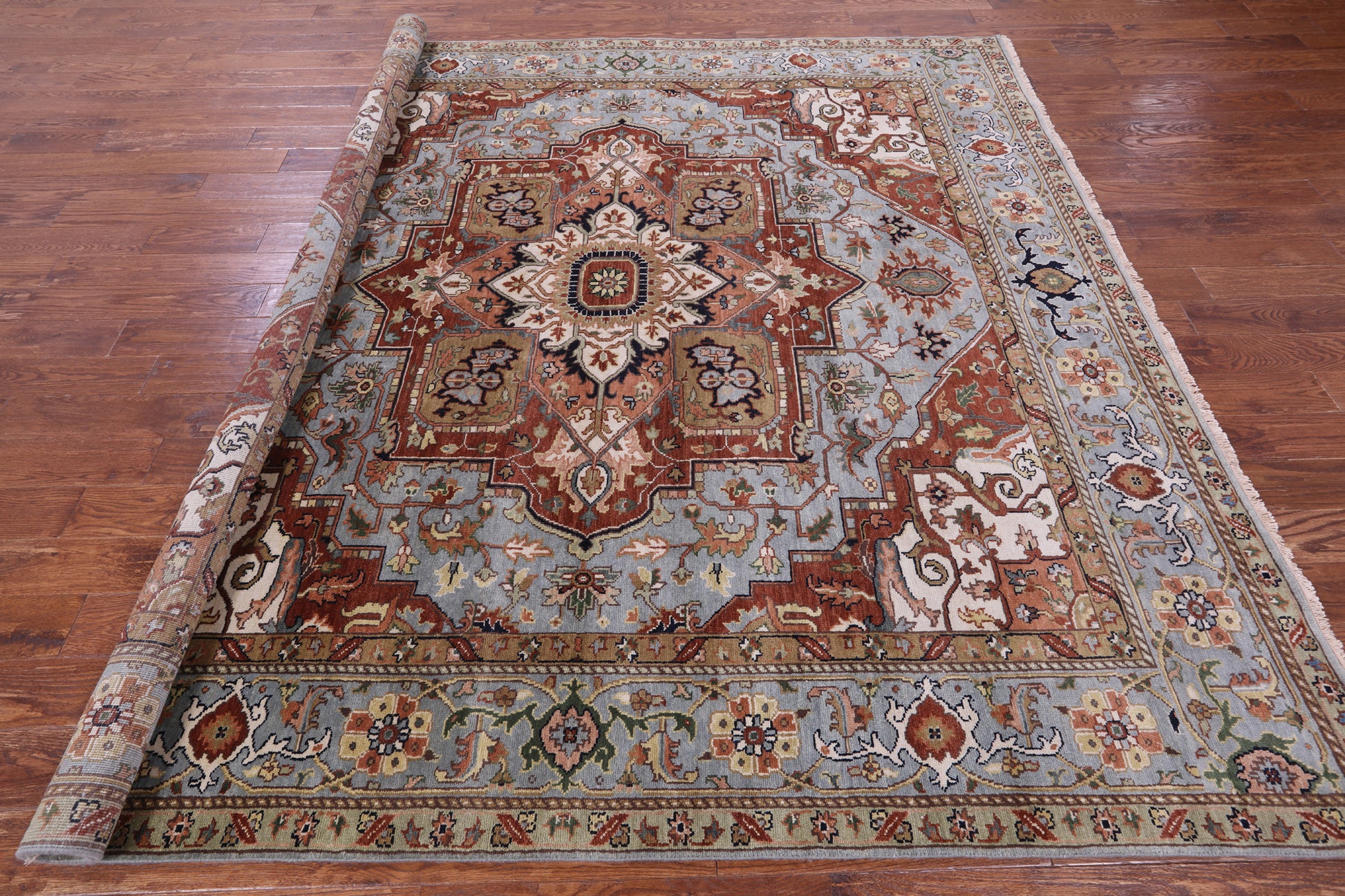 Blue Square Heriz Serapi Hand Knotted Wool Rug - 8' 10" X 8' 11" - Golden Nile