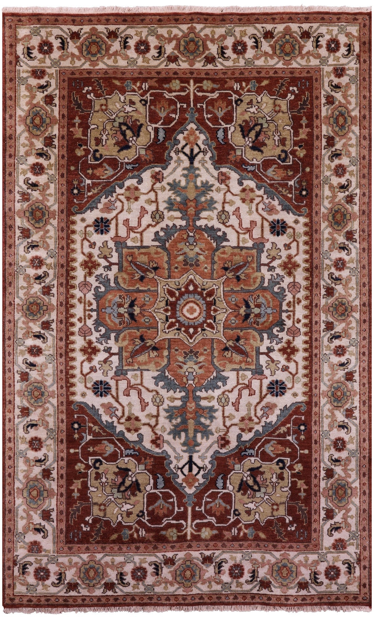 Ivory Heriz Serapi Hand Knotted Wool Rug - 4' 11" X 7' 11" - Golden Nile