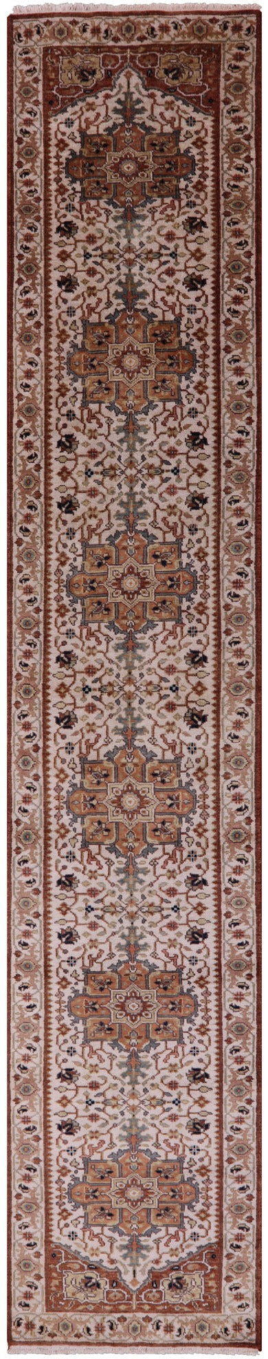 Ivory Heriz Serapi Hand Knotted Wool Runner Rug - 2' 6" X 13' 11" - Golden Nile
