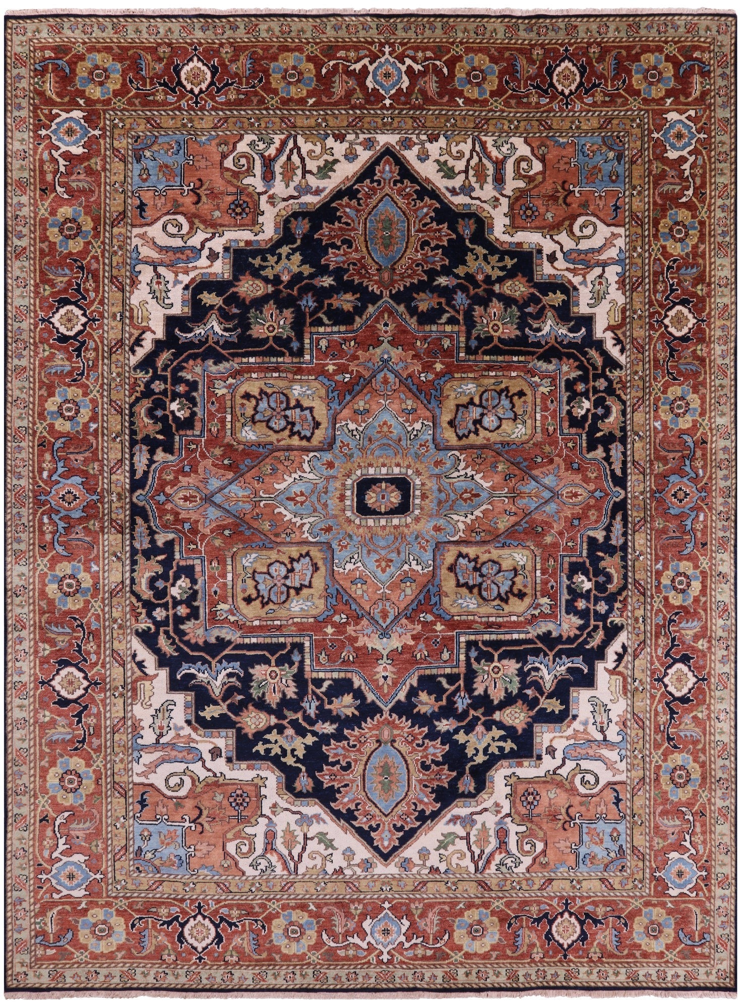 Blue Heriz Serapi Hand Knotted Wool Rug - 8' 11" X 11' 11" - Golden Nile