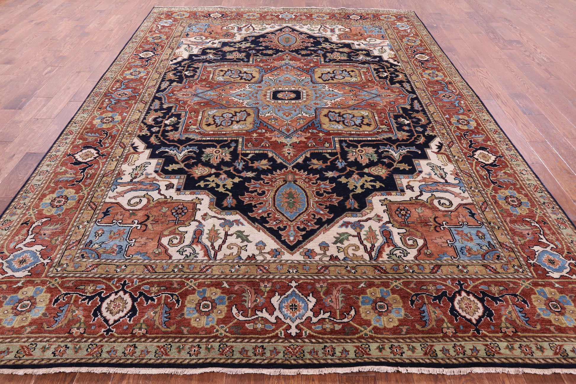 Blue Heriz Serapi Hand Knotted Wool Rug - 8' 11" X 11' 11" - Golden Nile