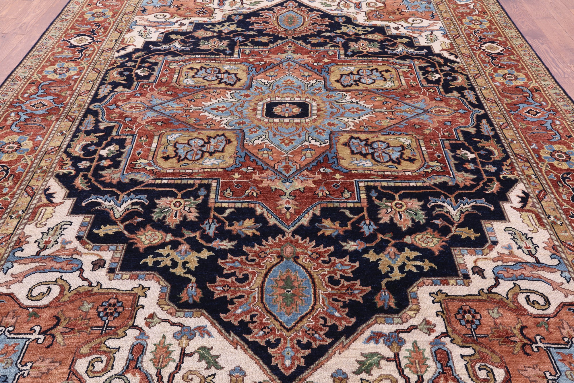 Blue Heriz Serapi Hand Knotted Wool Rug - 8' 11" X 11' 11" - Golden Nile