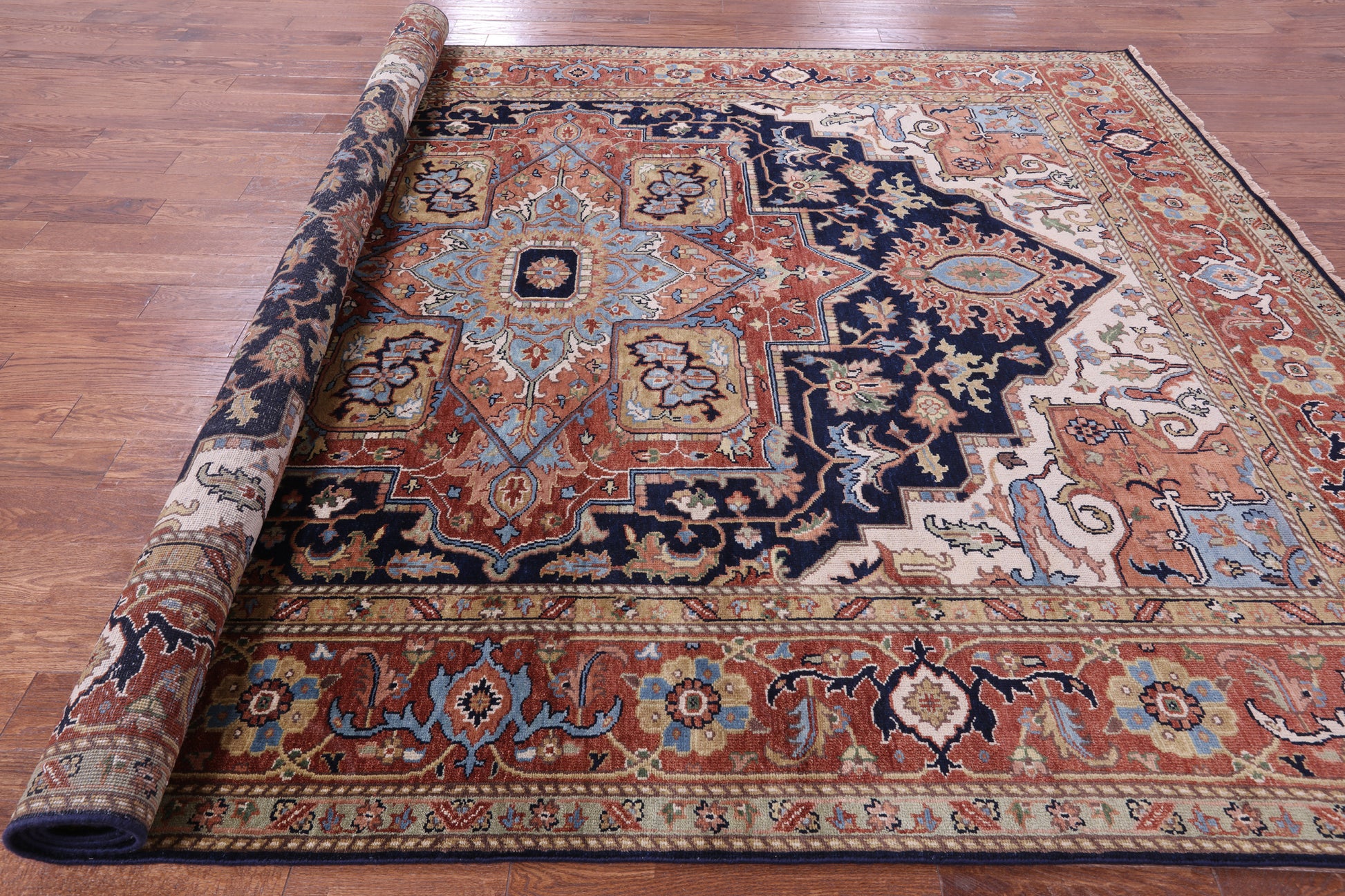 Blue Heriz Serapi Hand Knotted Wool Rug - 8' 11" X 11' 11" - Golden Nile