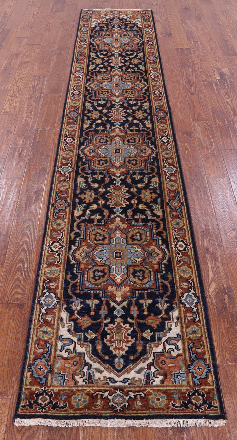 Blue Heriz Serapi Hand Knotted Wool Runner Rug - 2' 5" X 11' 8" - Golden Nile