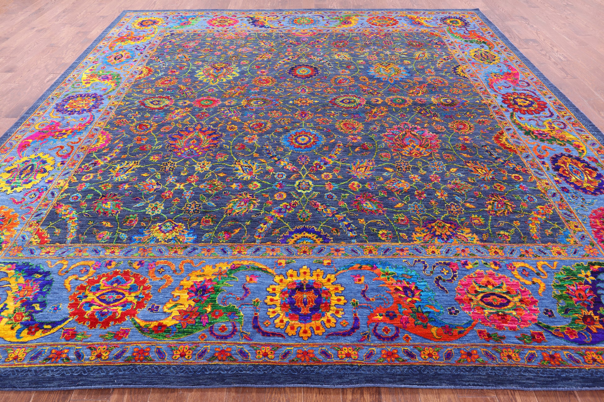 Blue Square Persian Tabriz Hand Knotted Wool & Silk Rug - 12' 0" X 12' 0" - Golden Nile