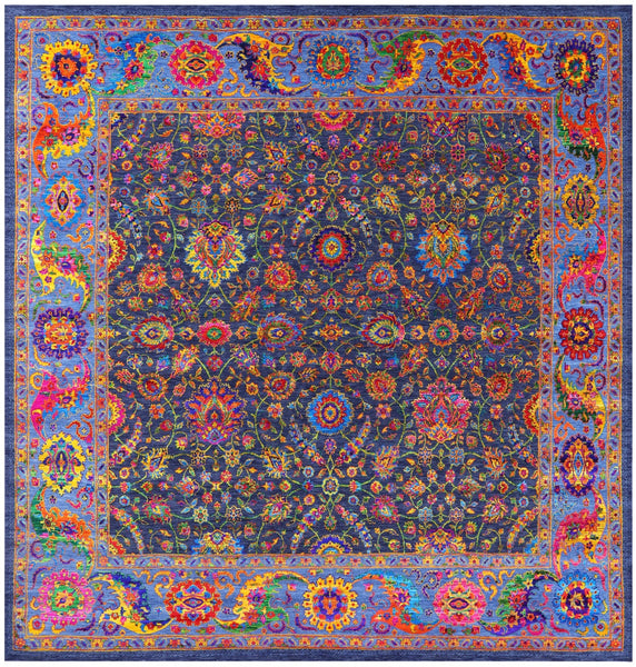 Blue Square Persian Tabriz Hand Knotted Wool & Silk Rug - 12' 0" X 12' 0" - Golden Nile