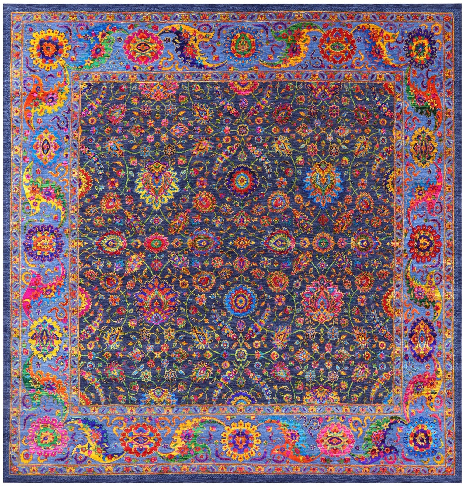 Blue Square Persian Tabriz Hand Knotted Wool & Silk Rug - 12' 0" X 12' 0" - Golden Nile