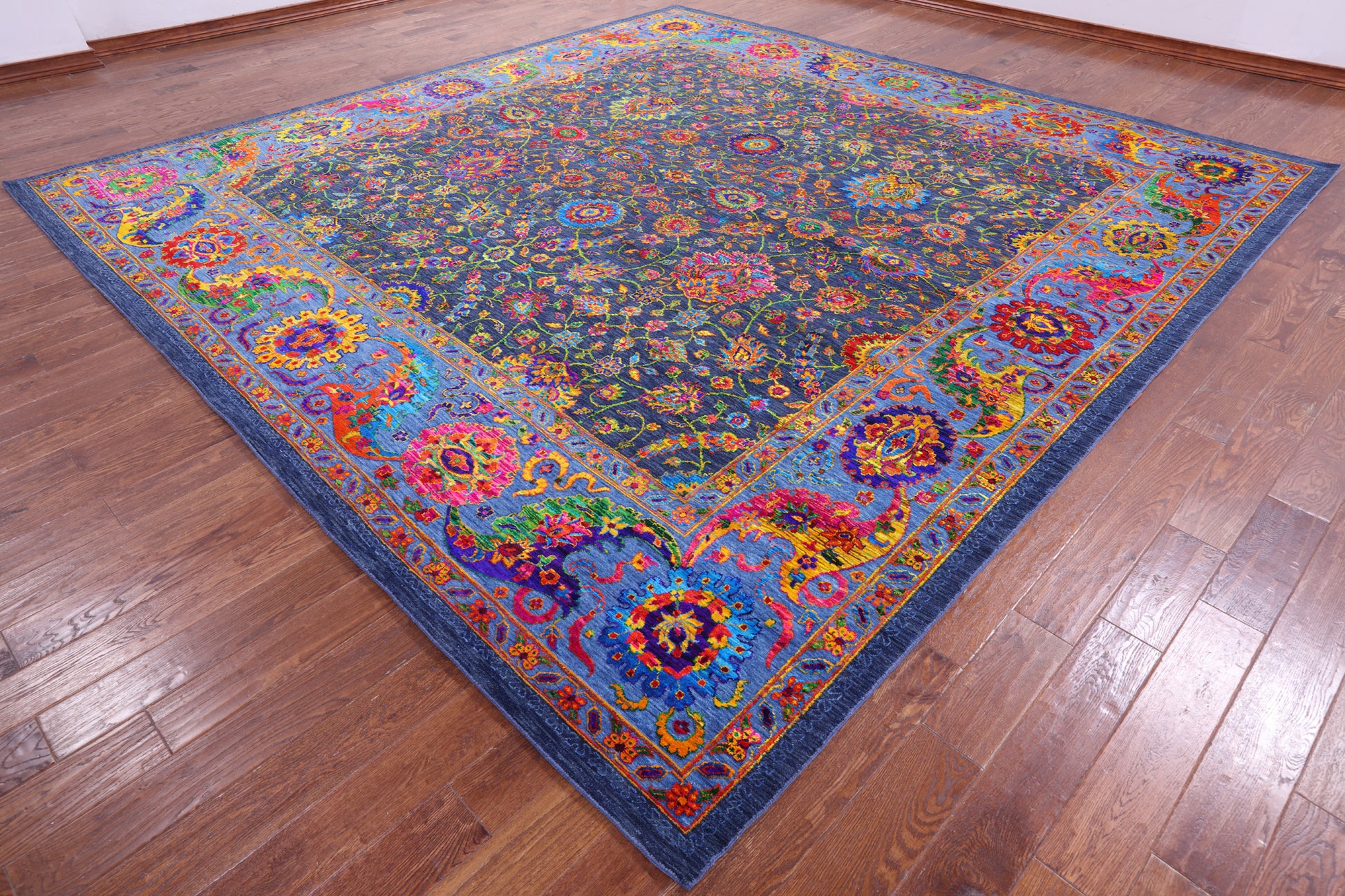 Blue Square Persian Tabriz Hand Knotted Wool & Silk Rug - 12' 0" X 12' 0" - Golden Nile