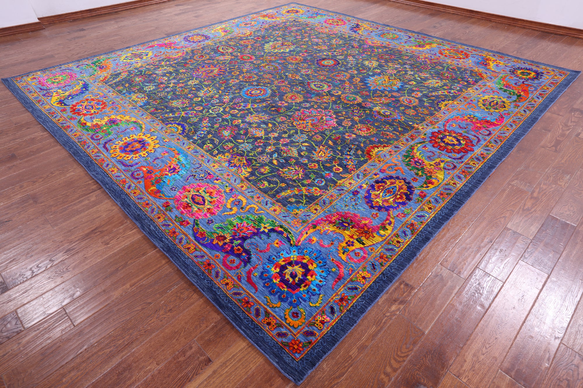 Blue Square Persian Tabriz Hand Knotted Wool & Silk Rug - 12' 0" X 12' 0" - Golden Nile