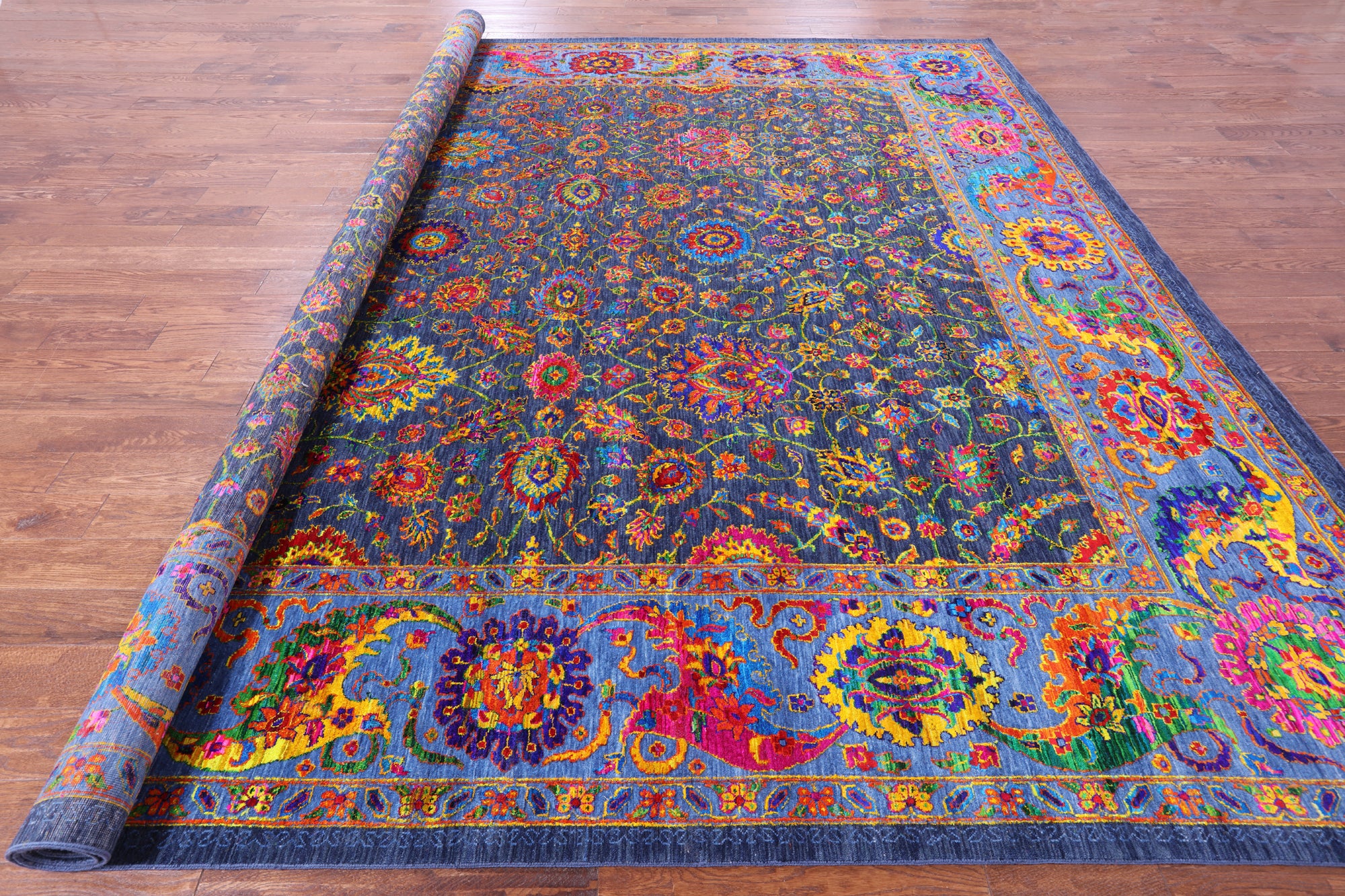 Blue Square Persian Tabriz Hand Knotted Wool & Silk Rug - 12' 0" X 12' 0" - Golden Nile