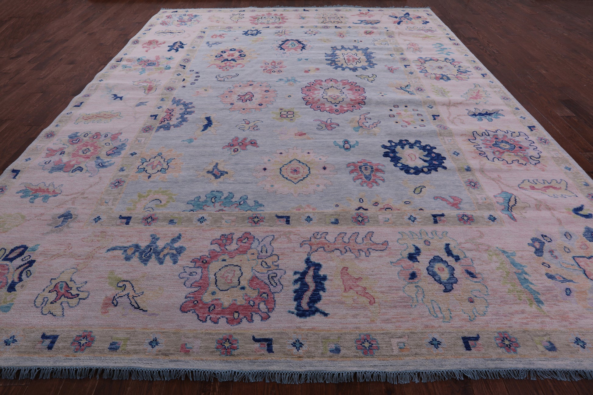 Light Blue Turkish Oushak Hand Knotted Wool Rug - 12' 0" X 14' 10" - Golden Nile