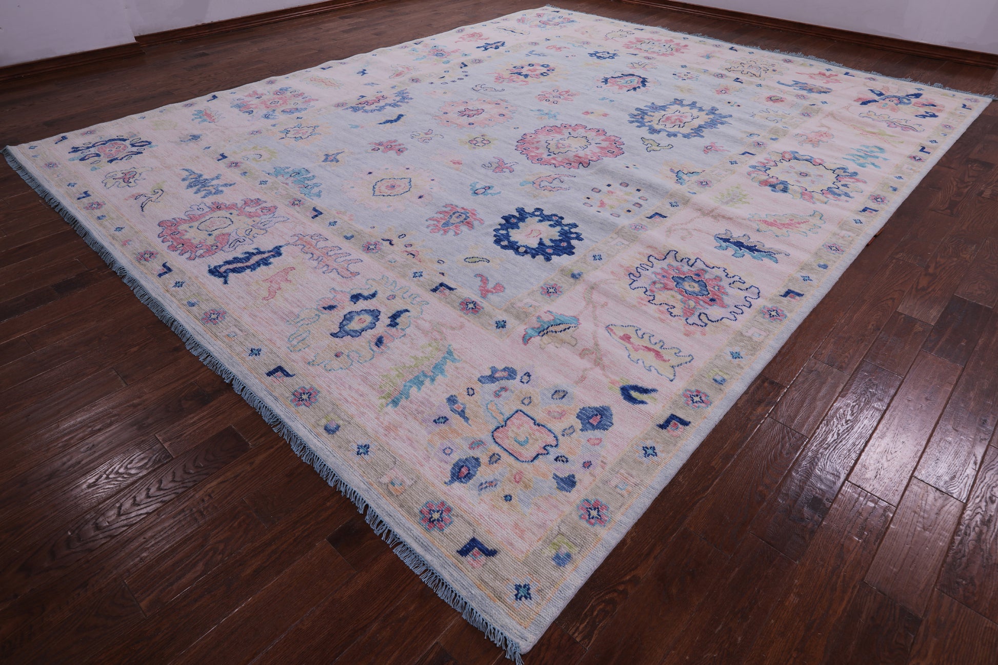 Light Blue Turkish Oushak Hand Knotted Wool Rug - 12' 0" X 14' 10" - Golden Nile