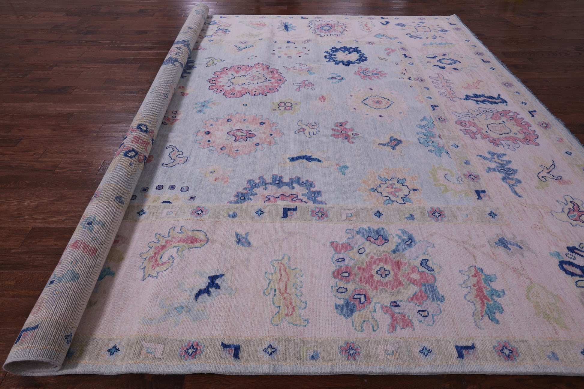 Light Blue Turkish Oushak Hand Knotted Wool Rug - 12' 0" X 14' 10" - Golden Nile