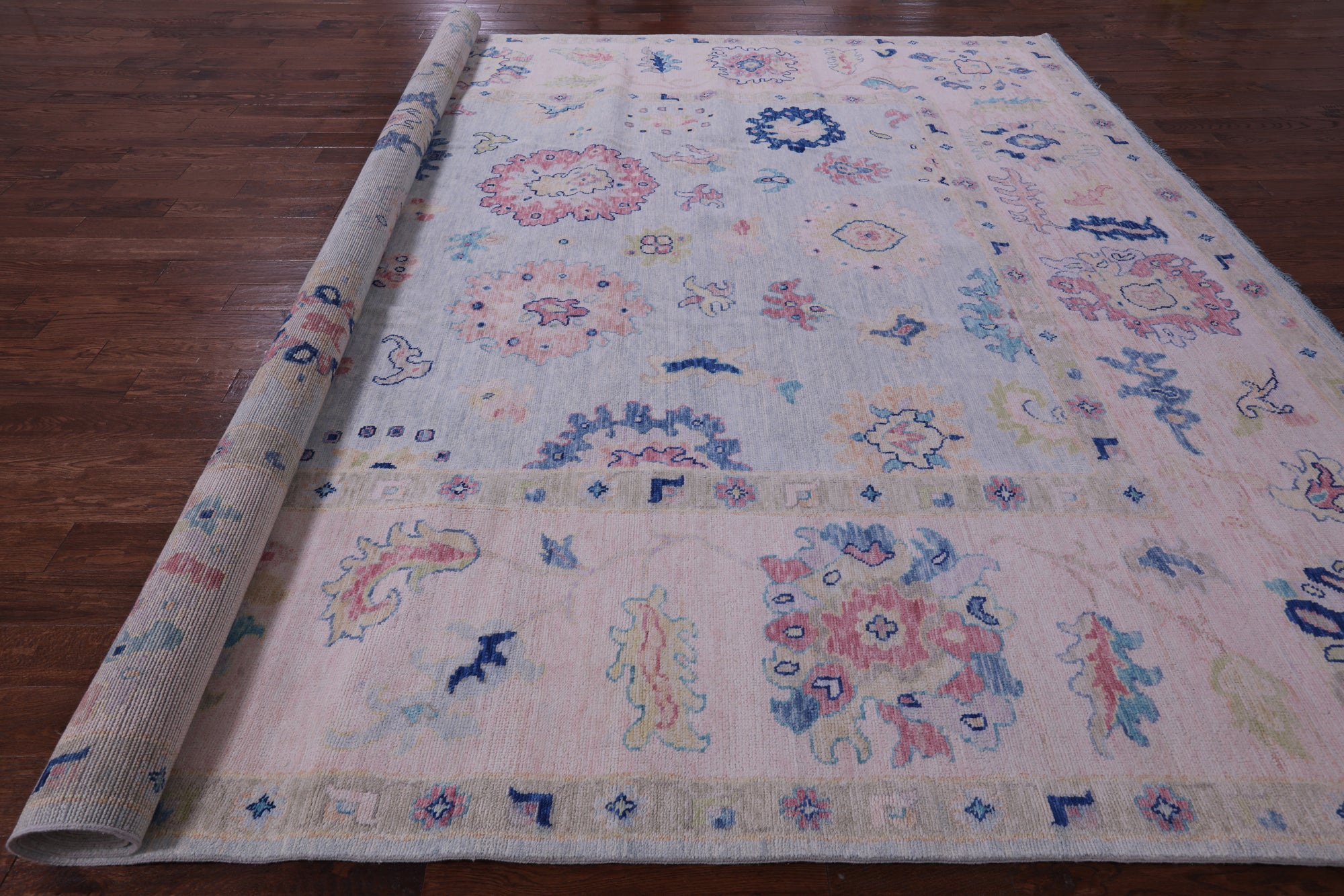 Light Blue Turkish Oushak Hand Knotted Wool Rug - 12' 0" X 14' 10" - Golden Nile