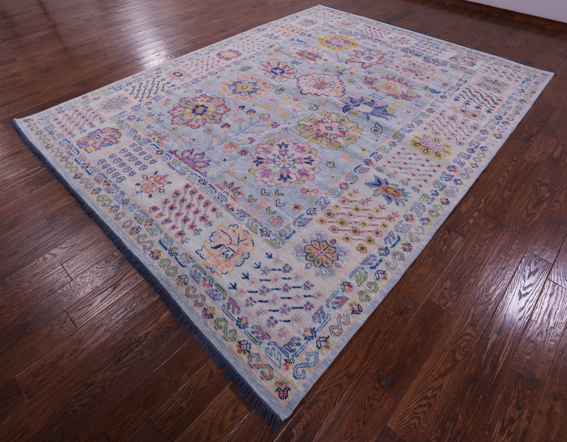 Light Blue Turkish Oushak Hand Knotted Wool Rug - 9' 1" X 12' 1" - Golden Nile