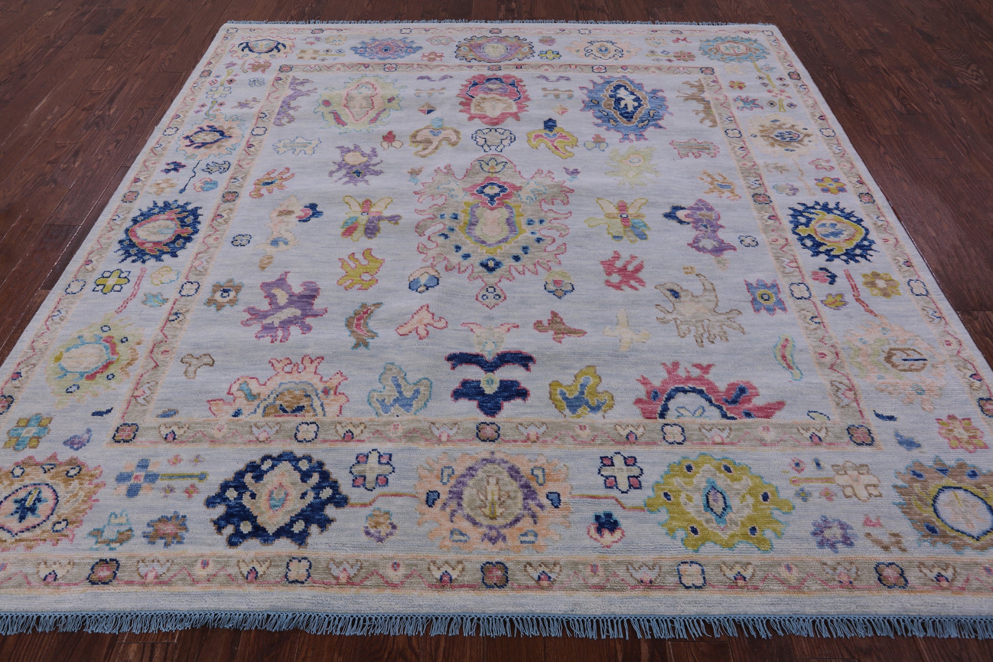 Light Blue Square Turkish Oushak Hand Knotted Wool Rug - 8' 10" X 9' 0" - Golden Nile