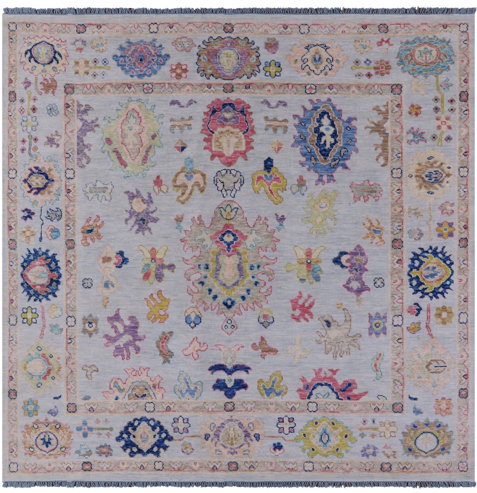 Light Blue Square Turkish Oushak Hand Knotted Wool Rug - 8' 10" X 9' 0" - Golden Nile